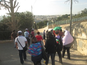 Some of our co-pilgrims on our way to Dominus Flevit passing by Palm Sunday Road