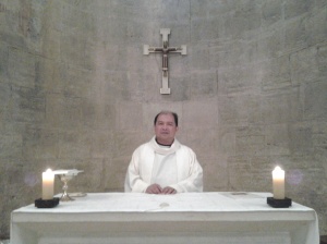 Me at altar of the crusader church, Emmaus before the Mass